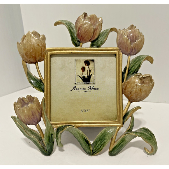 Ashleigh Manor Photo Frame Gold Enameled Tulips 3 X 3 Vintage Pink Floral - Picture 1 of 9